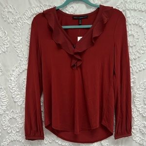 White House Black Market Long Sleeve Ruffle Top in Burnt Siena